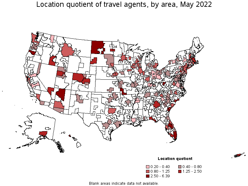 Map of location quotient of travel agents by area, May 2022