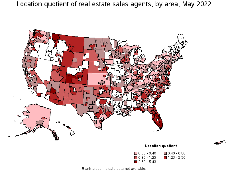 Map of location quotient of real estate sales agents by area, May 2022