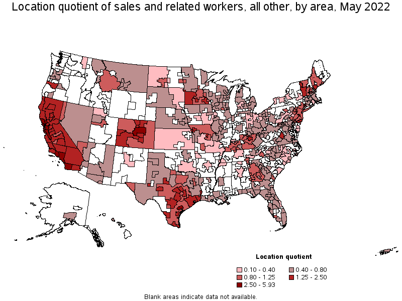 Map of location quotient of sales and related workers, all other by area, May 2022