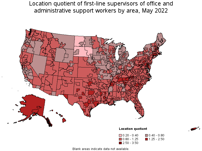 Map of location quotient of first-line supervisors of office and administrative support workers by area, May 2022