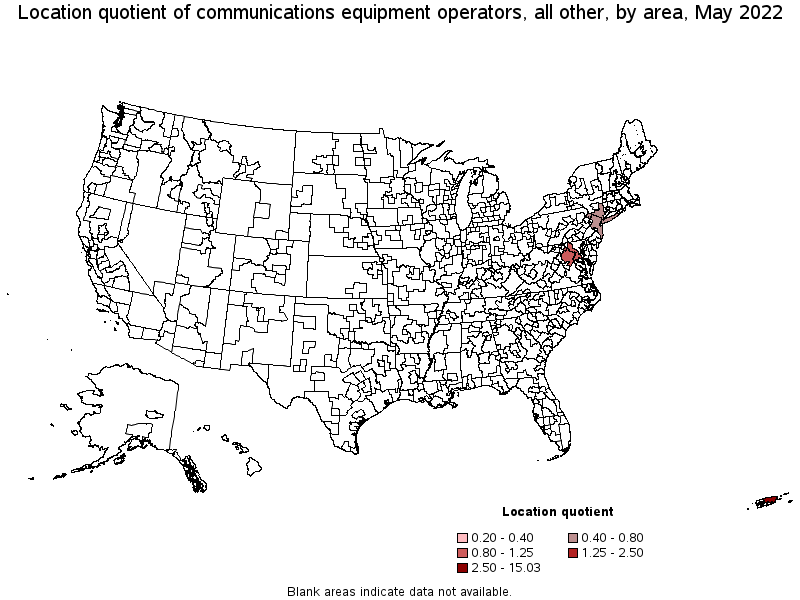 Map of location quotient of communications equipment operators, all other by area, May 2022