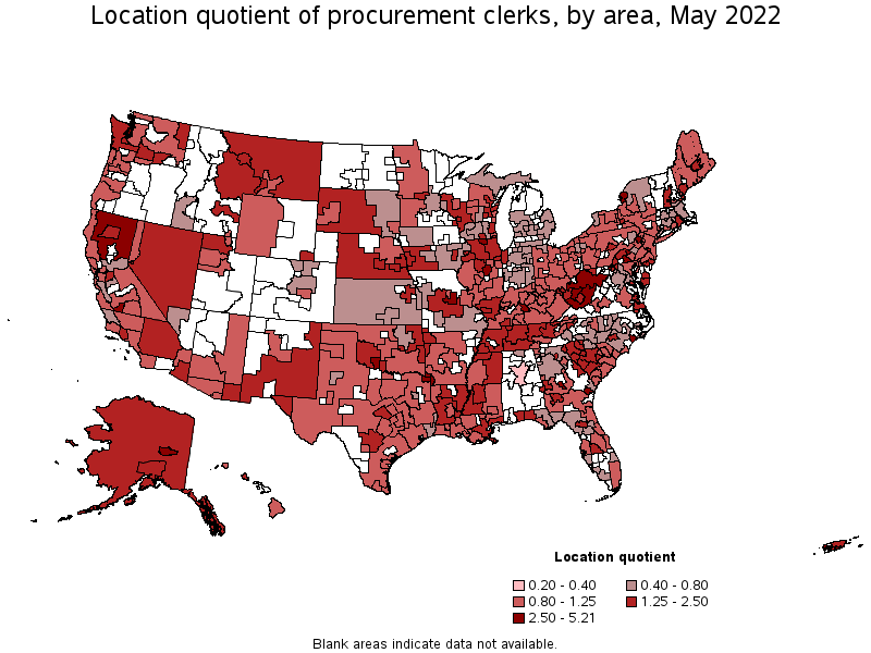 Map of location quotient of procurement clerks by area, May 2022