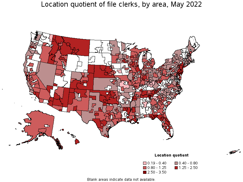 Map of location quotient of file clerks by area, May 2022