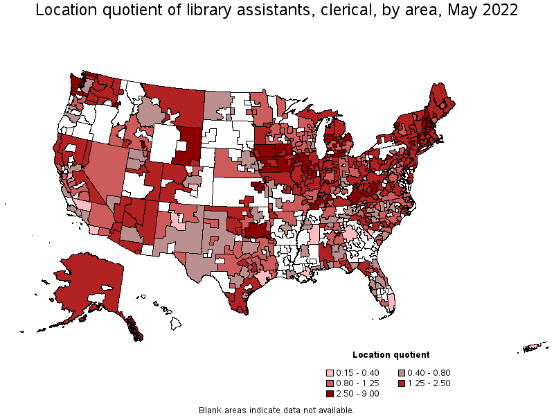 Map of location quotient of library assistants, clerical by area, May 2022