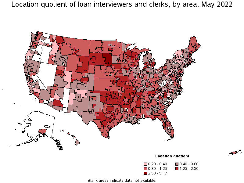 Map of location quotient of loan interviewers and clerks by area, May 2022