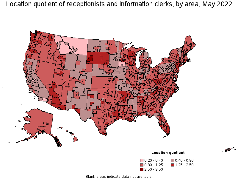 Map of location quotient of receptionists and information clerks by area, May 2022