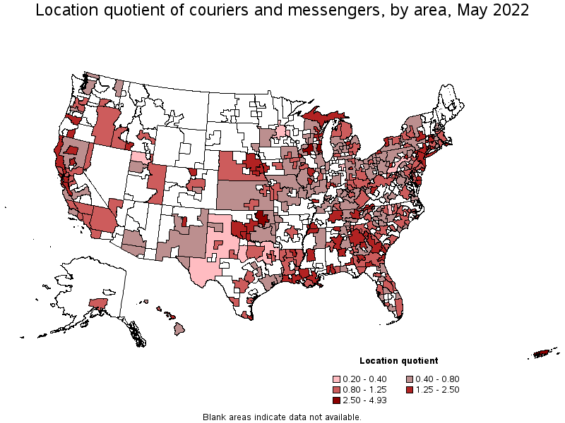 Map of location quotient of couriers and messengers by area, May 2022