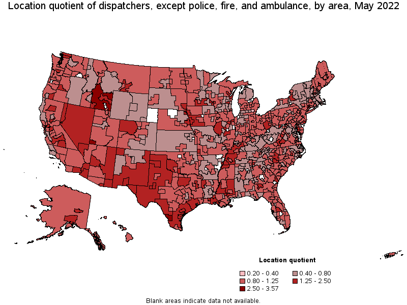 Map of location quotient of dispatchers, except police, fire, and ambulance by area, May 2022