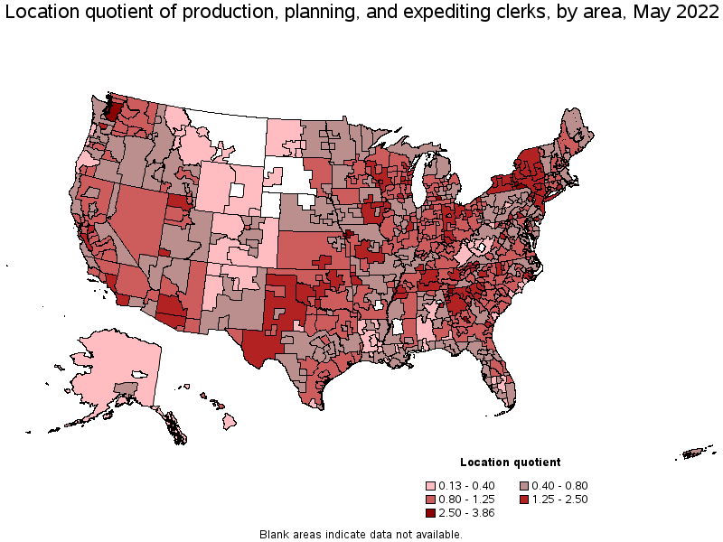 Map of location quotient of production, planning, and expediting clerks by area, May 2022