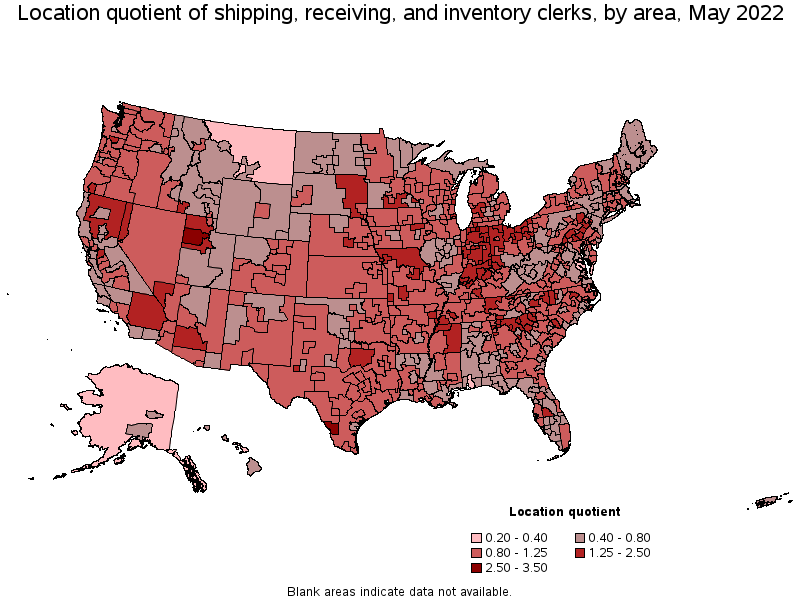 Map of location quotient of shipping, receiving, and inventory clerks by area, May 2022