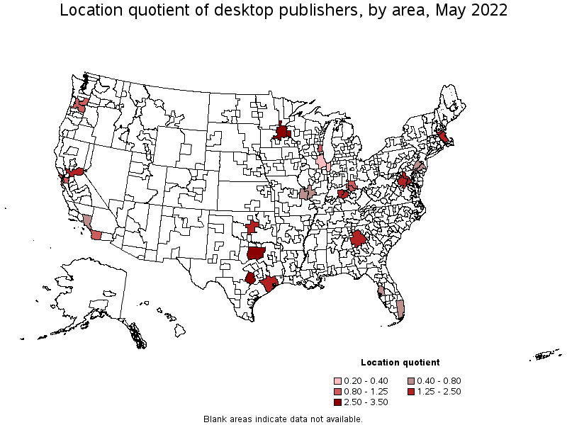 Map of location quotient of desktop publishers by area, May 2022