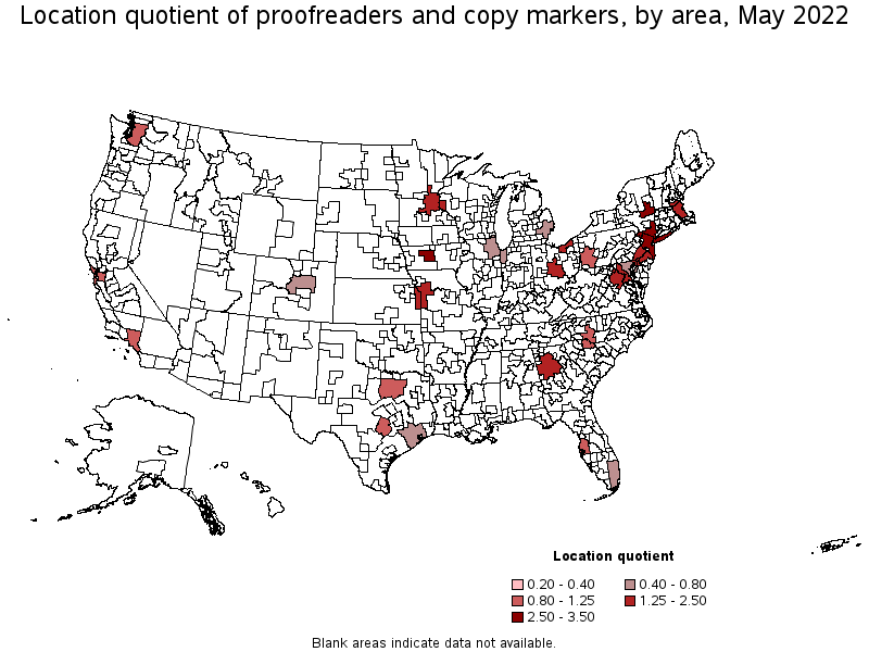 Map of location quotient of proofreaders and copy markers by area, May 2022