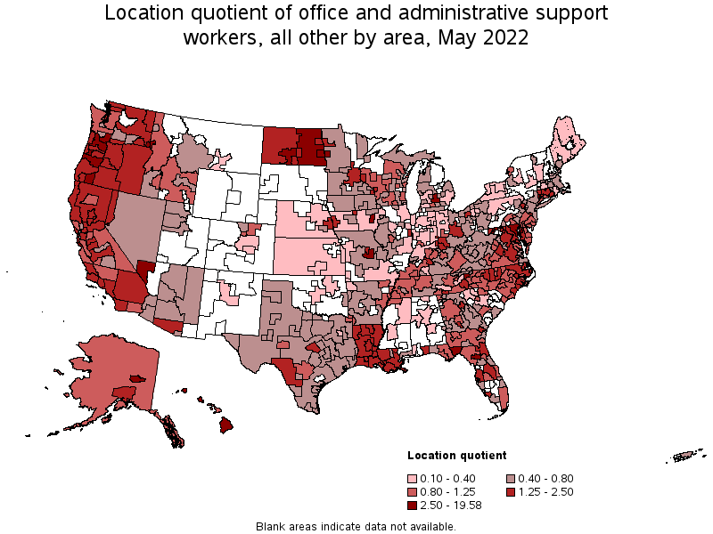 Map of location quotient of office and administrative support workers, all other by area, May 2022