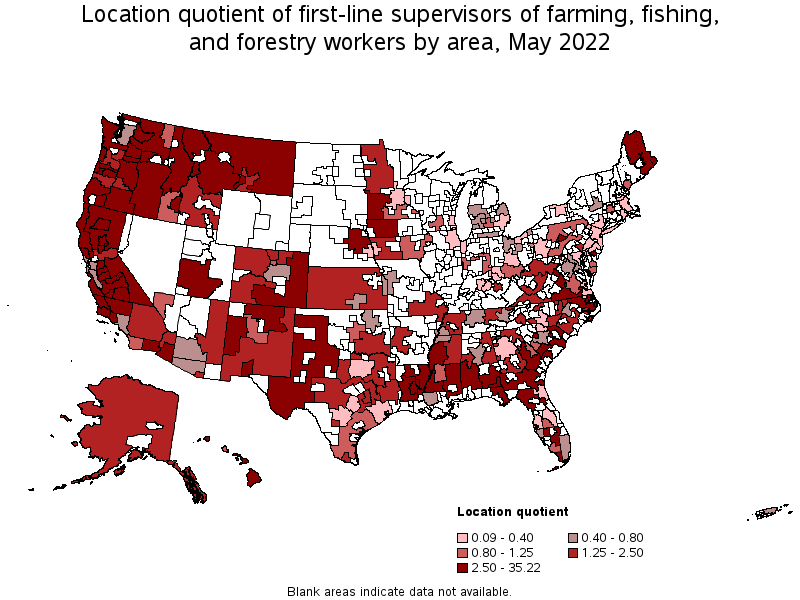 Map of location quotient of first-line supervisors of farming, fishing, and forestry workers by area, May 2022