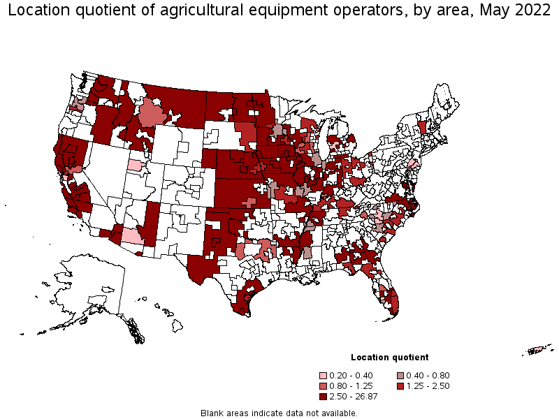 Map of location quotient of agricultural equipment operators by area, May 2022