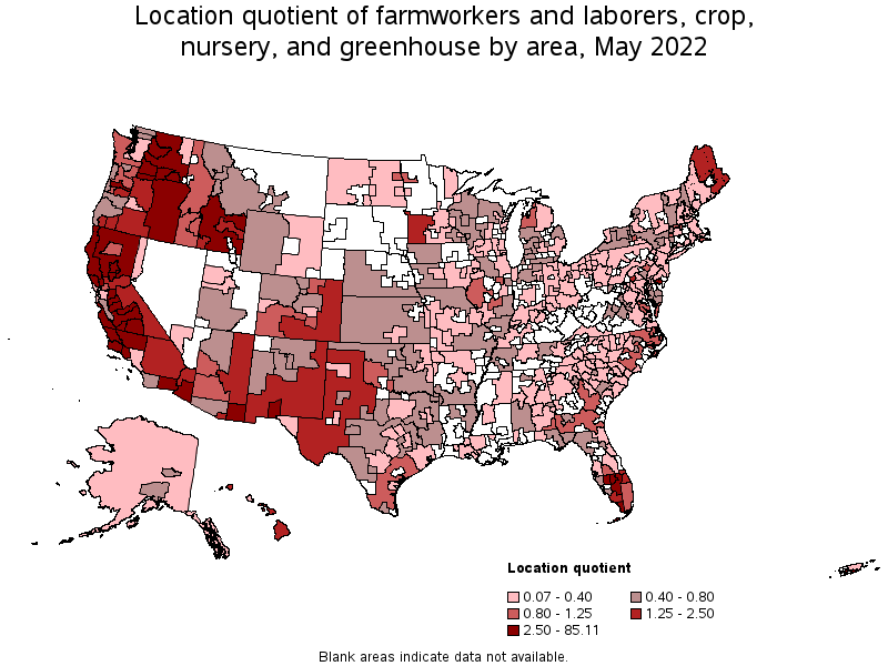 Map of location quotient of farmworkers and laborers, crop, nursery, and greenhouse by area, May 2022