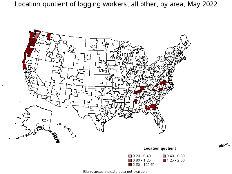 Map of location quotient of logging workers, all other by area, May 2022