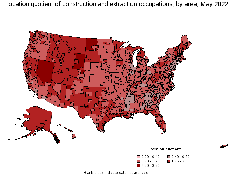 Map of location quotient of construction and extraction occupations by area, May 2022