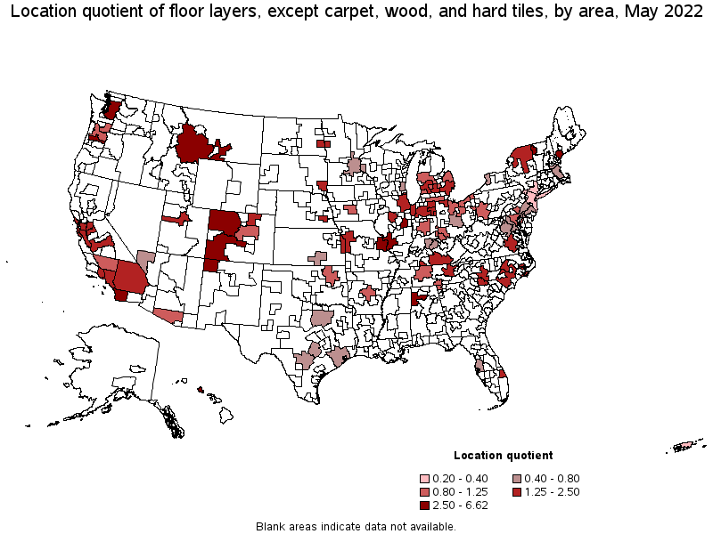 Map of location quotient of floor layers, except carpet, wood, and hard tiles by area, May 2022