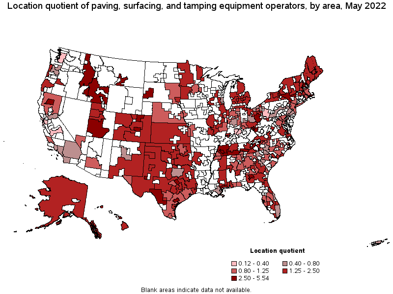 Map of location quotient of paving, surfacing, and tamping equipment operators by area, May 2022