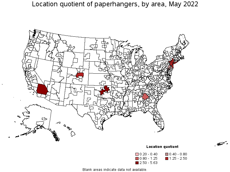 Map of location quotient of paperhangers by area, May 2022