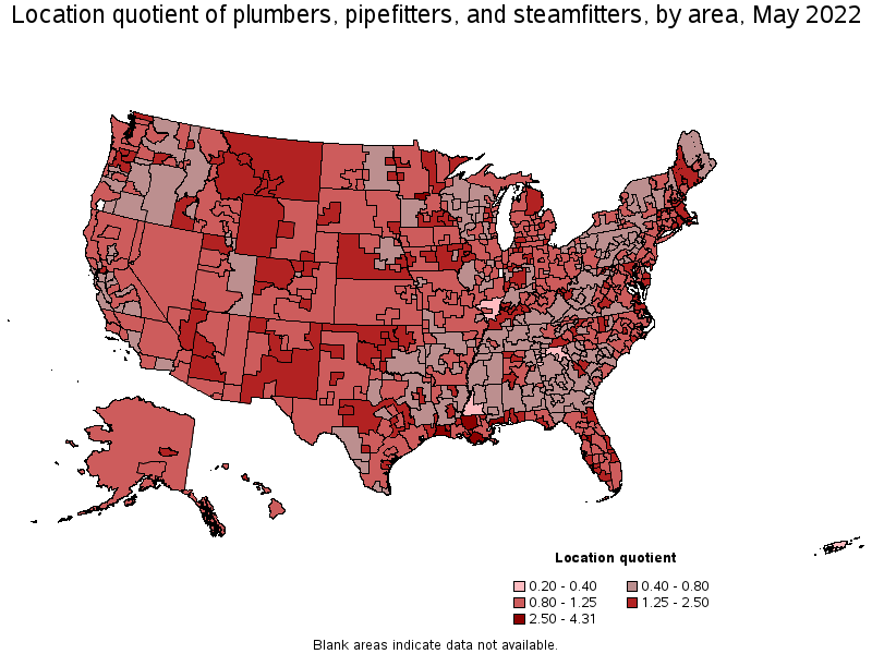 Map of location quotient of plumbers, pipefitters, and steamfitters by area, May 2022