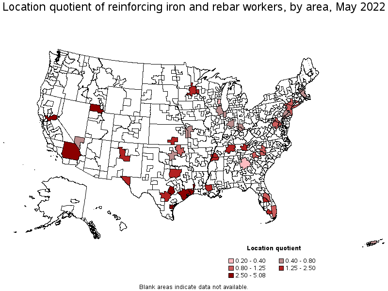 Map of location quotient of reinforcing iron and rebar workers by area, May 2022