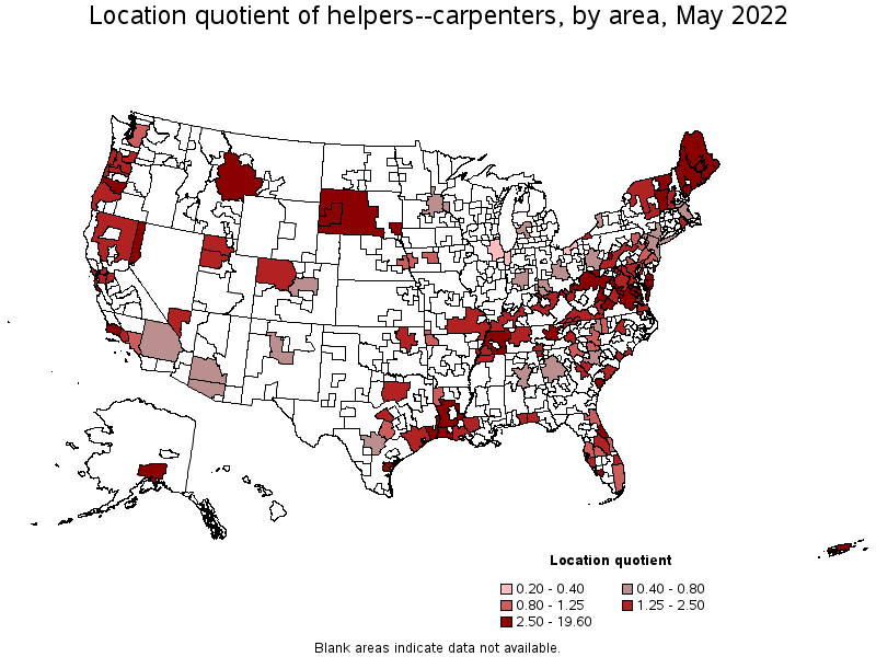 Map of location quotient of helpers--carpenters by area, May 2022