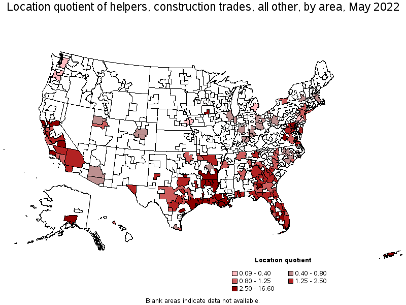 Map of location quotient of helpers, construction trades, all other by area, May 2022