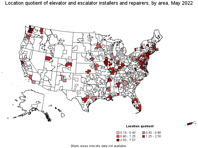 Map of location quotient of elevator and escalator installers and repairers by area, May 2022