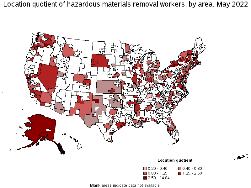 Map of location quotient of hazardous materials removal workers by area, May 2022