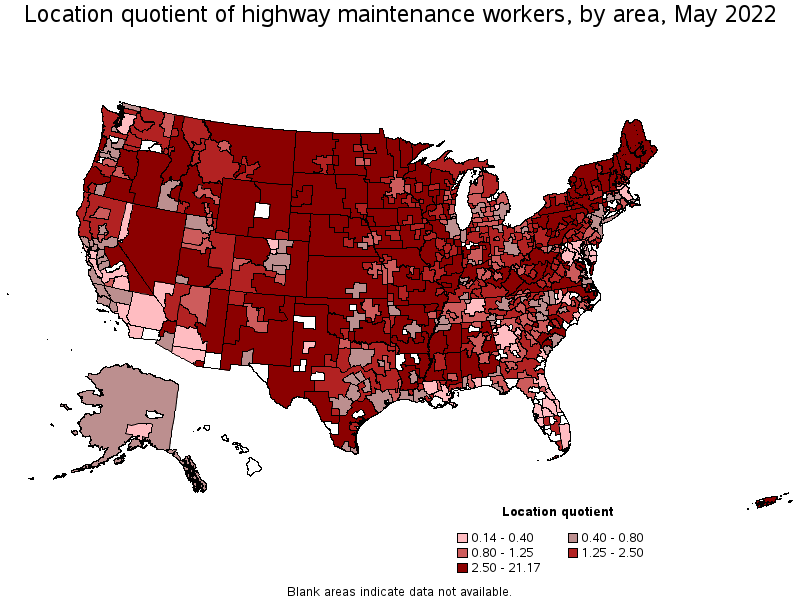 Map of location quotient of highway maintenance workers by area, May 2022