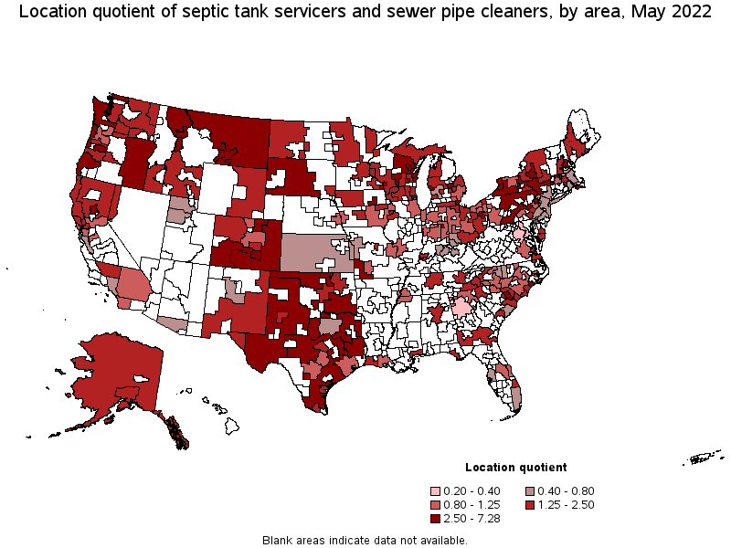 Map of location quotient of septic tank servicers and sewer pipe cleaners by area, May 2022