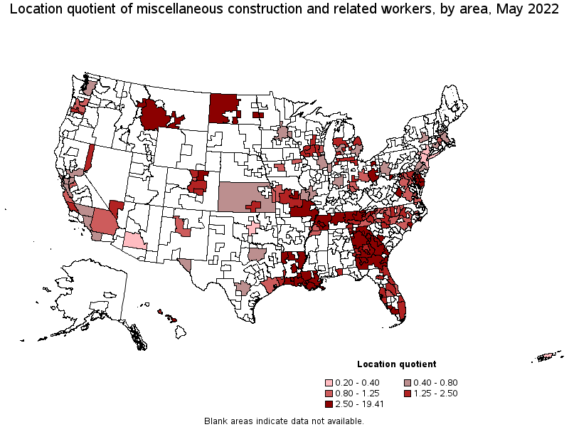 Map of location quotient of miscellaneous construction and related workers by area, May 2022