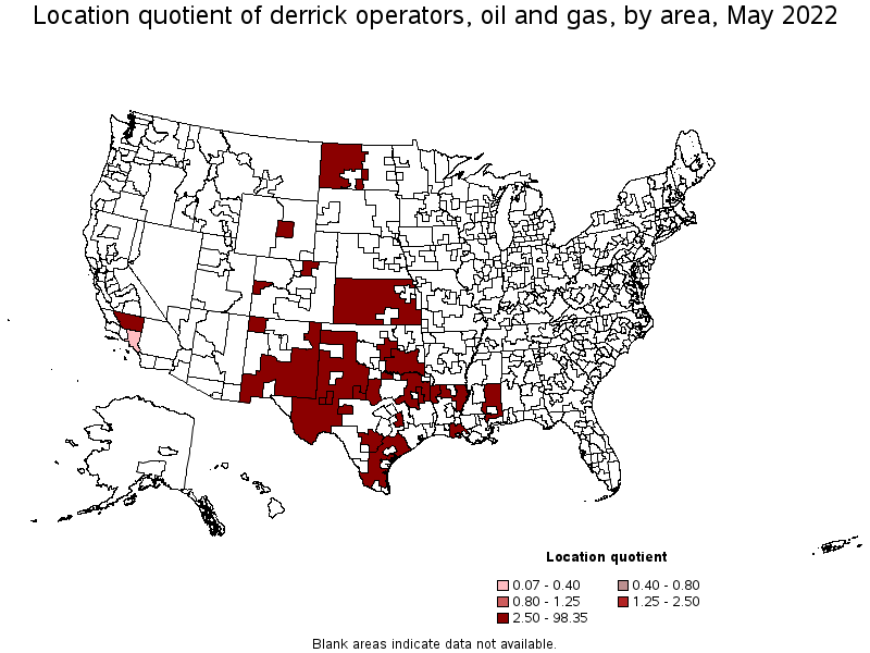 Map of location quotient of derrick operators, oil and gas by area, May 2022