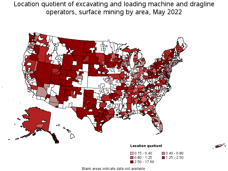 Map of location quotient of excavating and loading machine and dragline operators, surface mining by area, May 2022