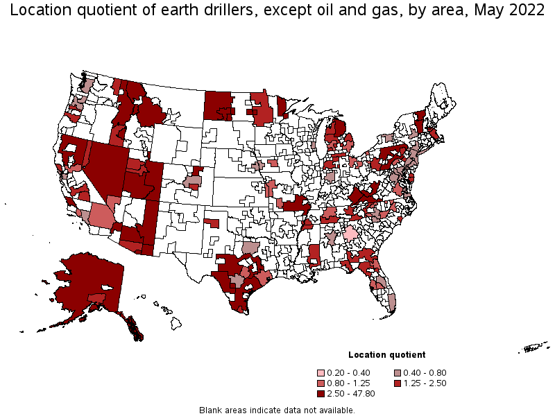 Map of location quotient of earth drillers, except oil and gas by area, May 2022