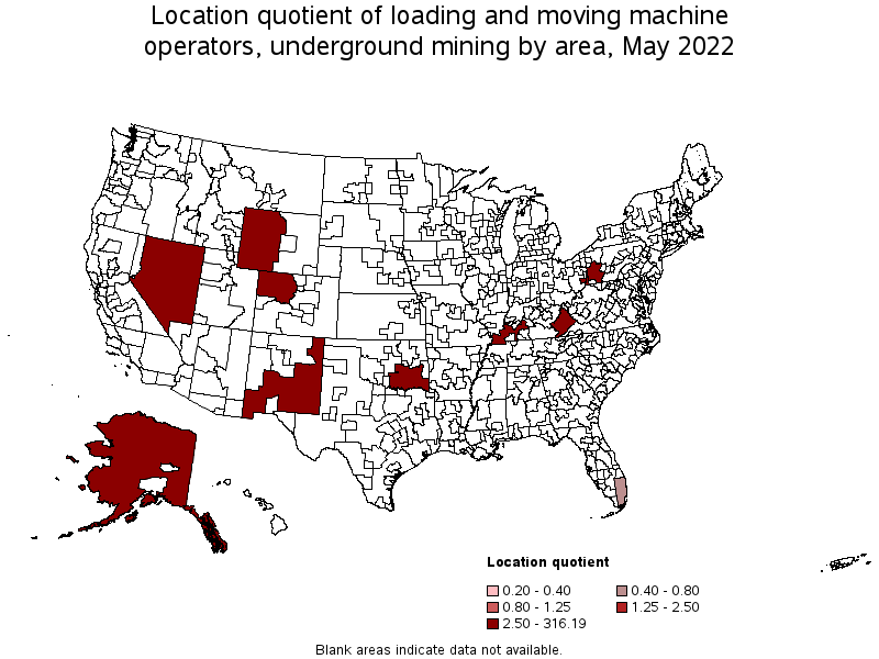 Map of location quotient of loading and moving machine operators, underground mining by area, May 2022