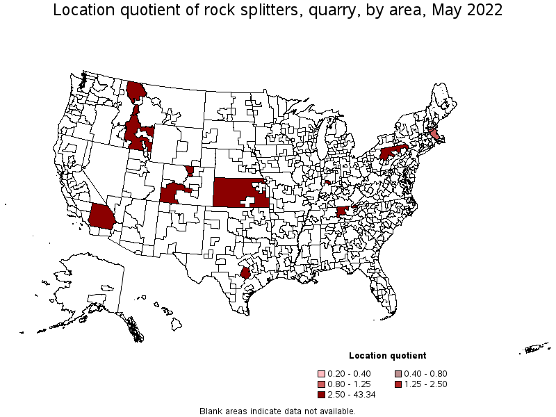 Map of location quotient of rock splitters, quarry by area, May 2022