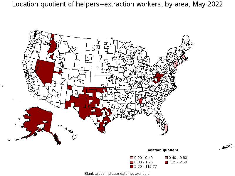 Map of location quotient of helpers--extraction workers by area, May 2022