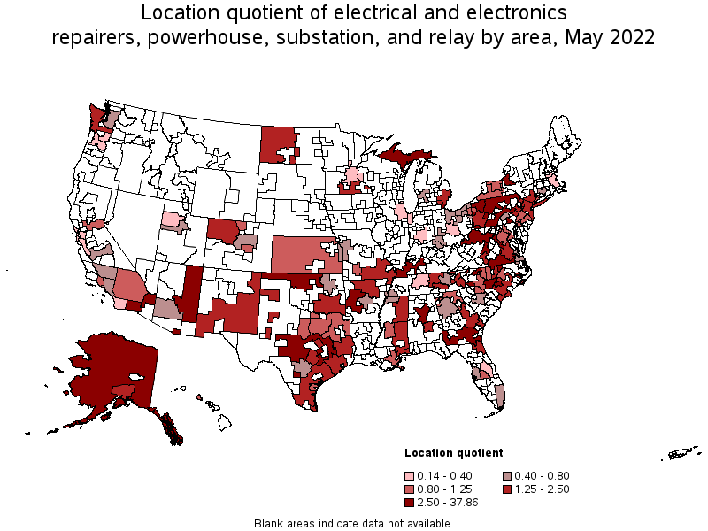 Map of location quotient of electrical and electronics repairers, powerhouse, substation, and relay by area, May 2022