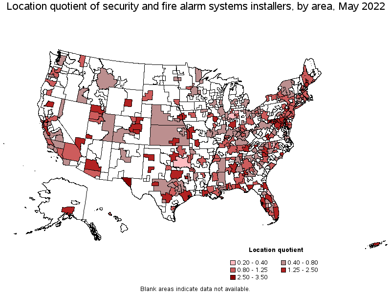 Map of location quotient of security and fire alarm systems installers by area, May 2022