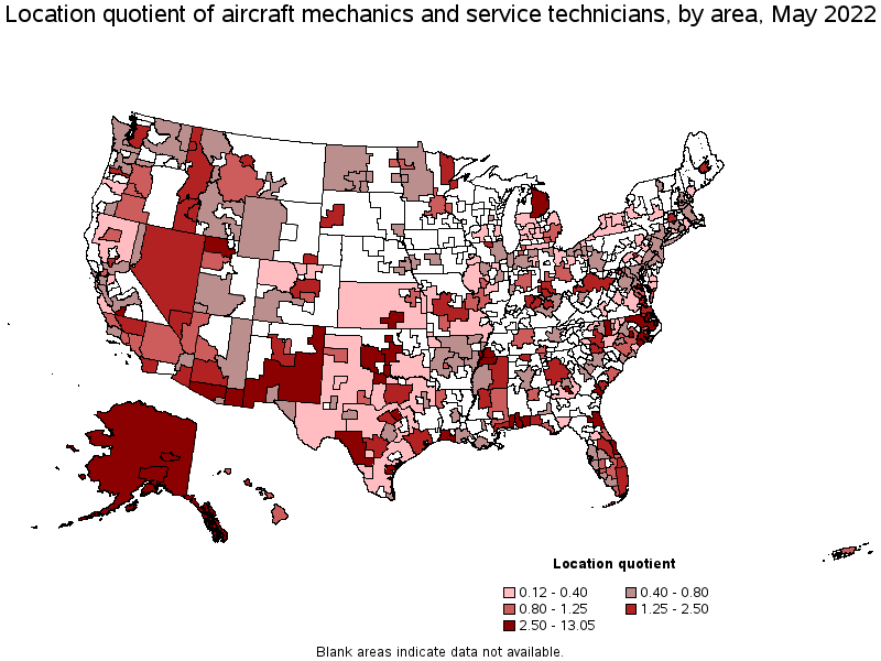 Map of location quotient of aircraft mechanics and service technicians by area, May 2022