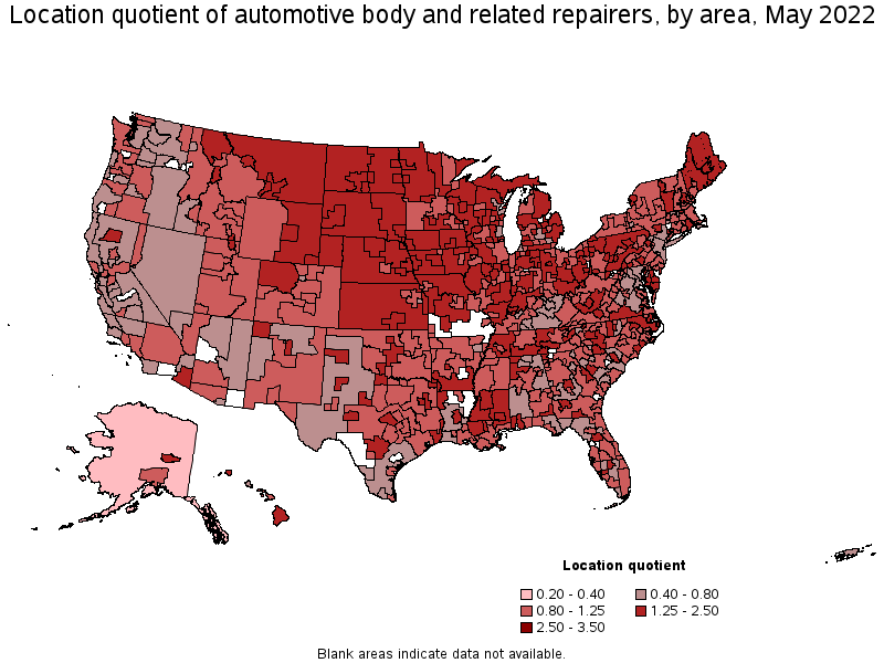 Map of location quotient of automotive body and related repairers by area, May 2022