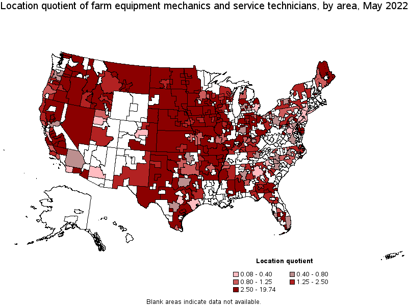 Map of location quotient of farm equipment mechanics and service technicians by area, May 2022