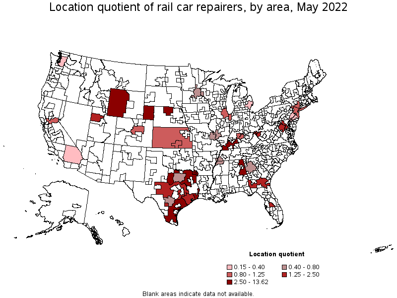 Map of location quotient of rail car repairers by area, May 2022