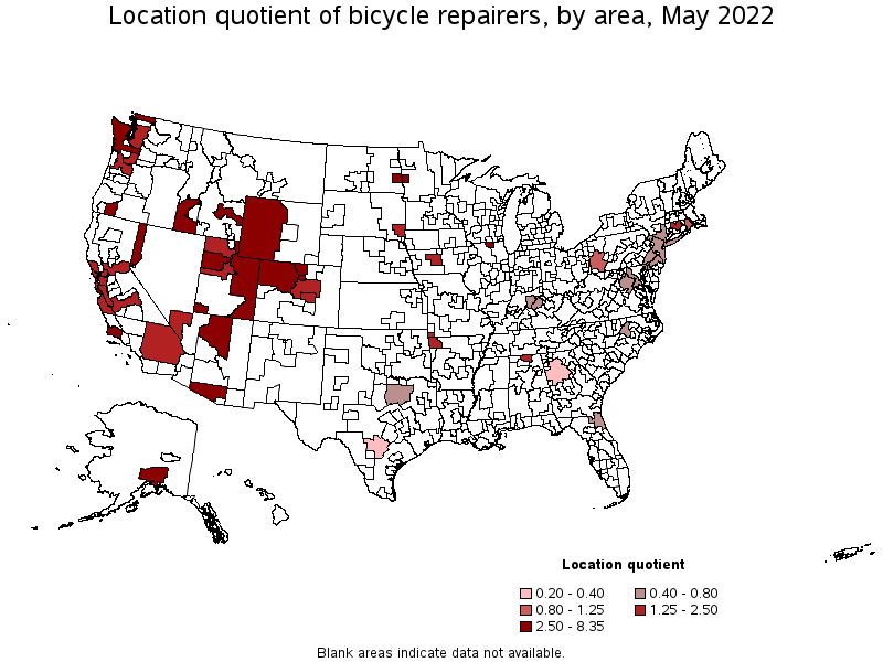 Map of location quotient of bicycle repairers by area, May 2022