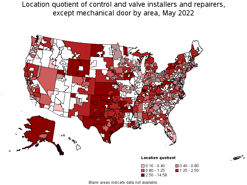 Map of location quotient of control and valve installers and repairers, except mechanical door by area, May 2022