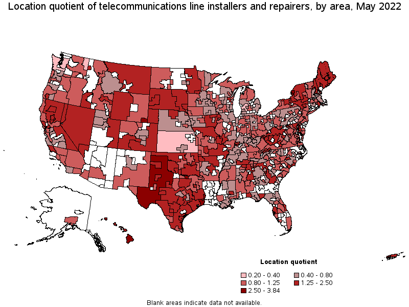 Map of location quotient of telecommunications line installers and repairers by area, May 2022