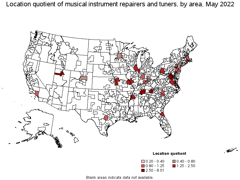 Map of location quotient of musical instrument repairers and tuners by area, May 2022